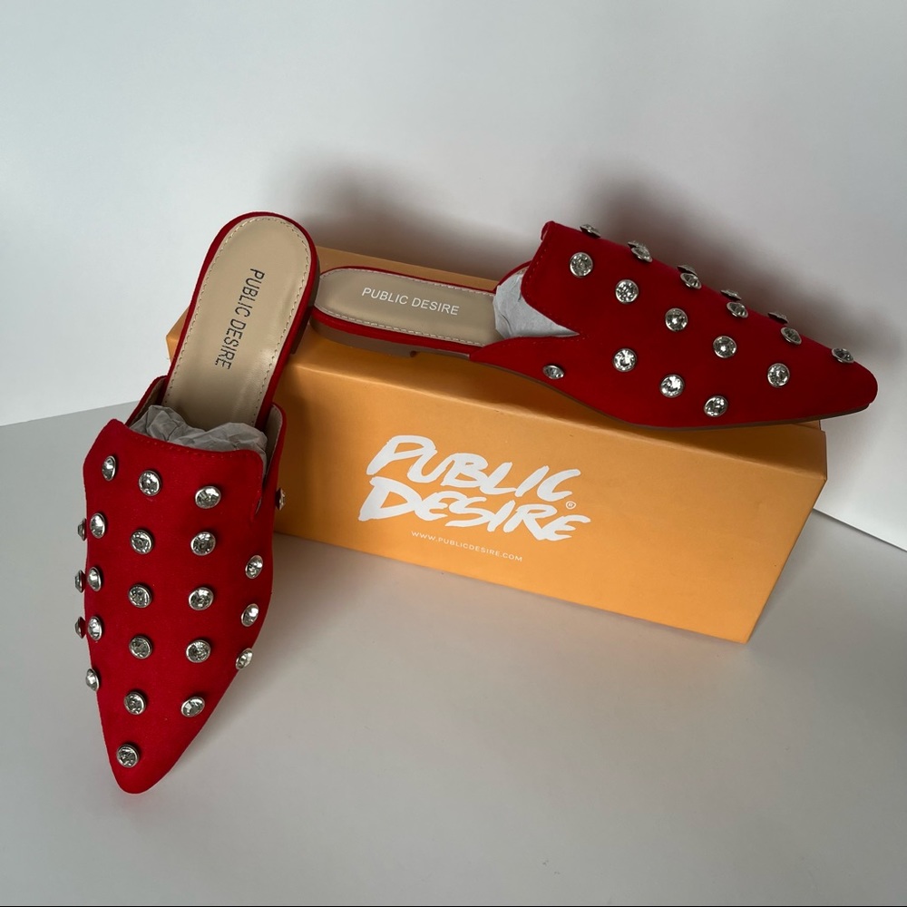 Public Desire Red Lily Diamente Stud Mules